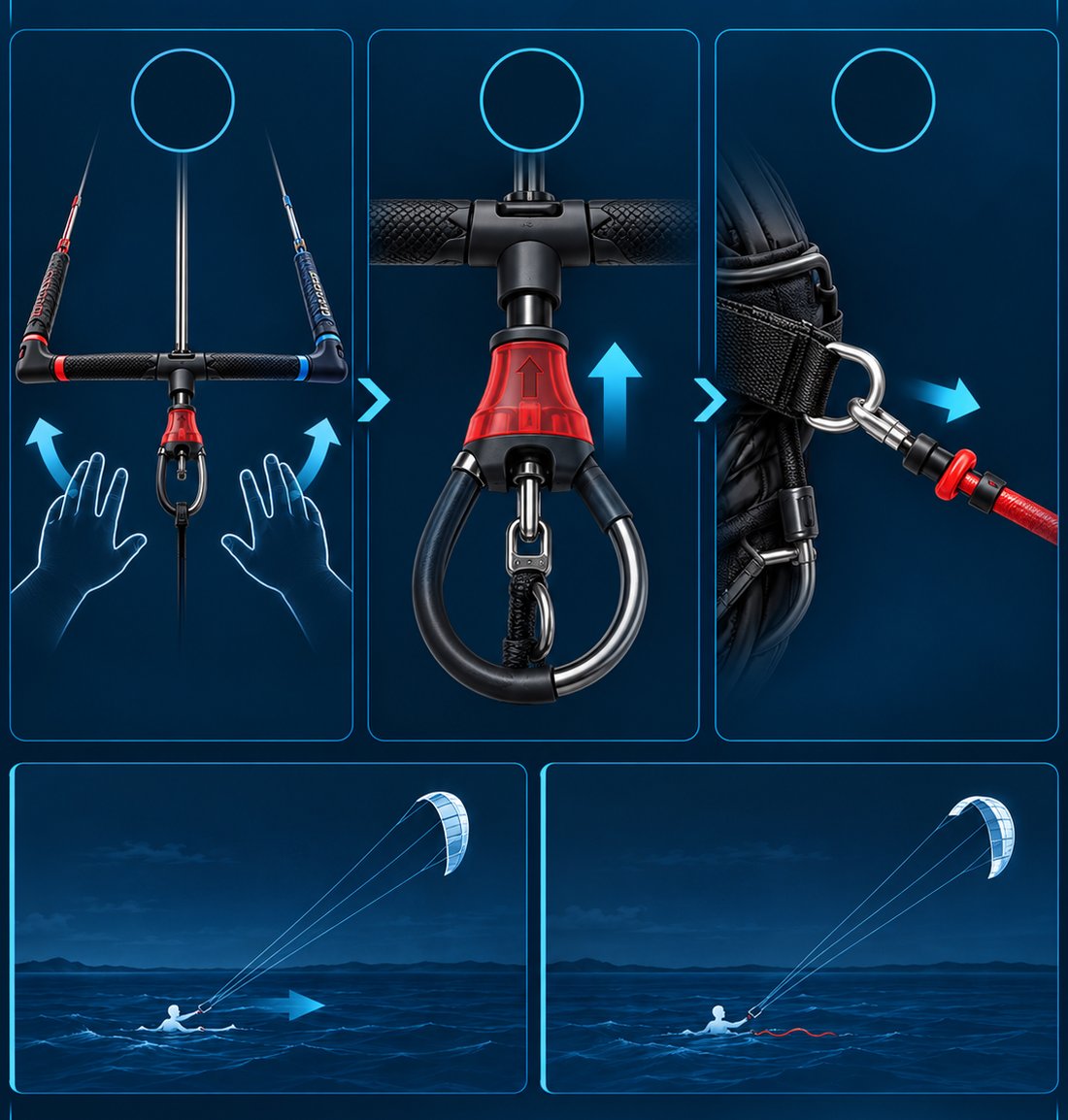 Drei Schritte nebeneinander: die geöffneten Hände an der losgelassenen Bar, der rote Quick Release am Chickenloop, das Lösen der Safety Leash am Trapez. Darunter zwei Bilder im Wasser – einmal zieht der Kite den Schwimmer weiter, einmal hängt er ausgeflaggt an der Leash.