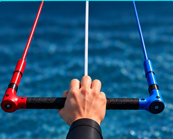 Nahaufnahme einer Hand, die eine Kite-Bar mittig umgreift; die Depower-Leine läuft zwischen den Fingern hindurch.