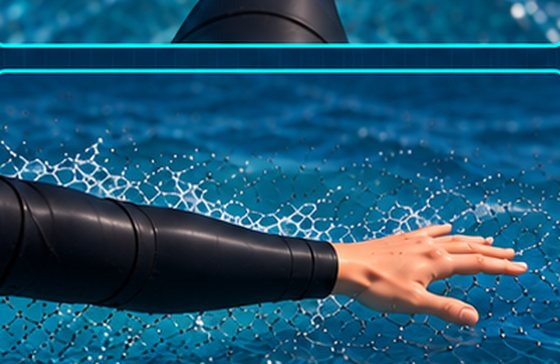 Ein ausgestreckter Arm im Neoprenanzug liegt flach knapp unter der Wasseroberfläche, die Hand leicht geöffnet.