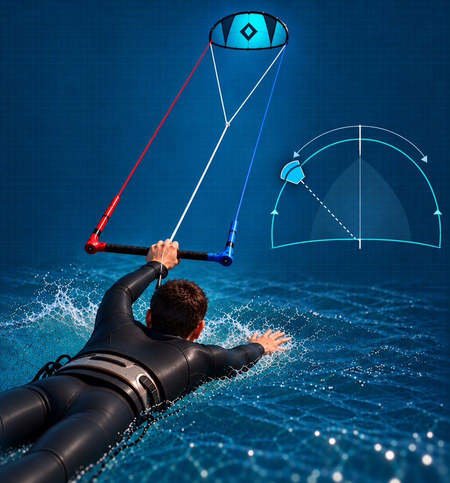 Ein Kiter liegt flach auf dem Bauch im Wasser und wird vom Kite gezogen. Eine Hand hält die Bar in der Mitte, der freie Arm ist nach vorn ausgestreckt. Der Kite steht schräg oben am Rand des Windfensters. Rechts ein Schema des Windfensters mit der Powerzone in der Mitte.