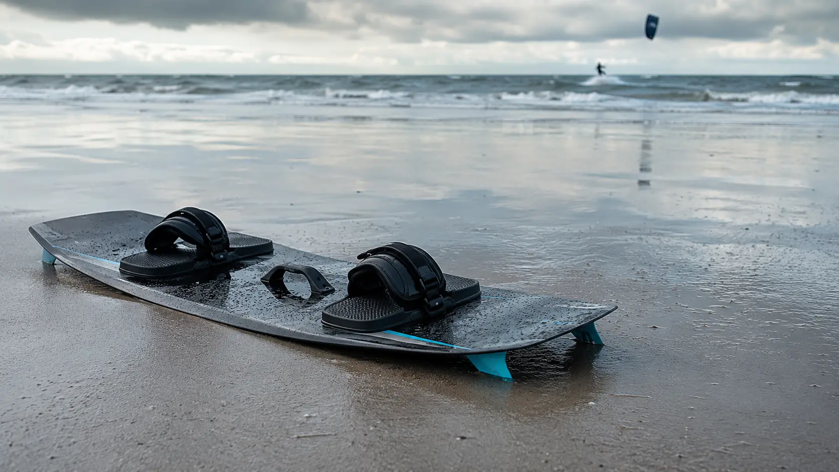 Twintip-Kiteboard mit Pads und Finnen am Wasserrand